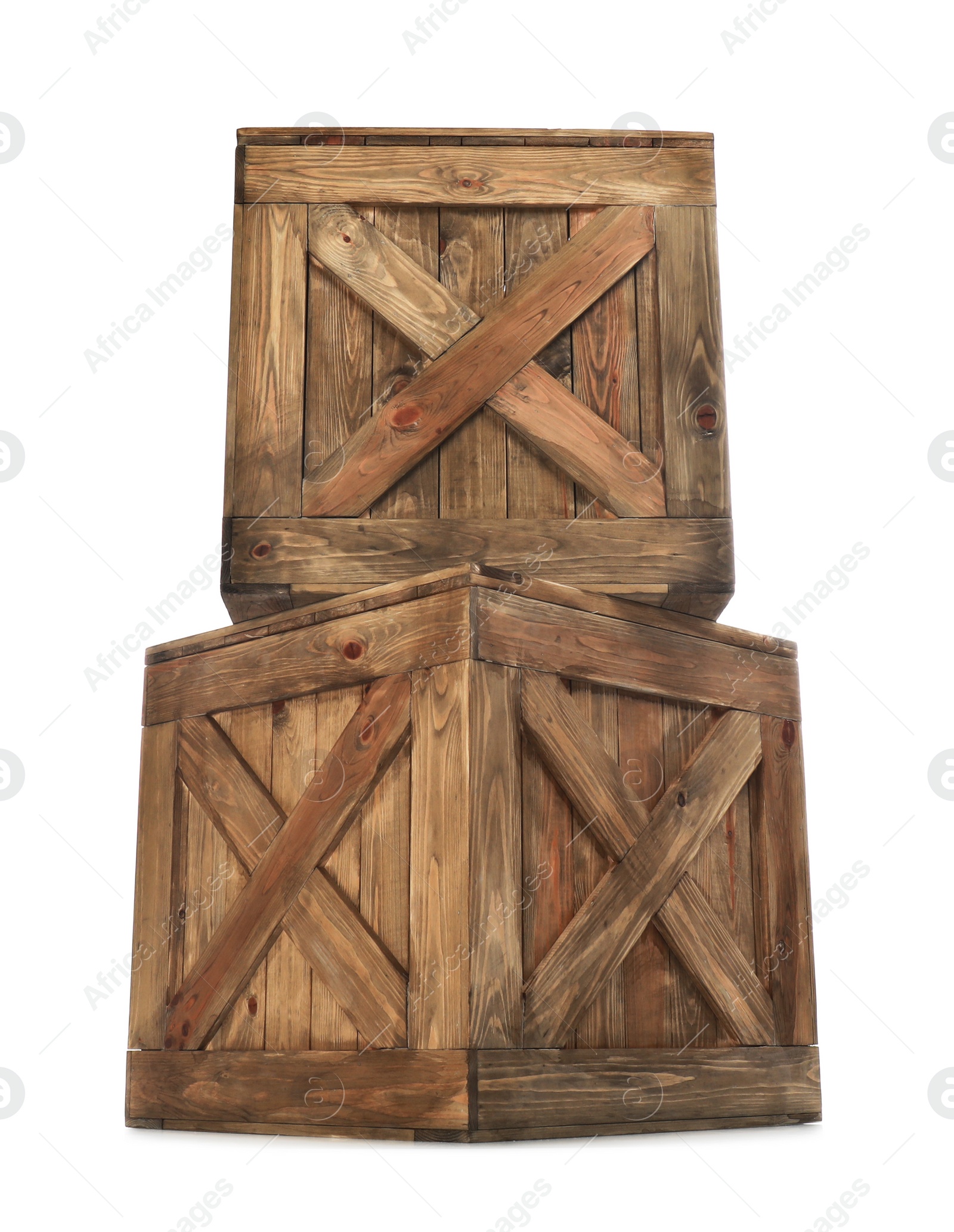 Photo of Old closed wooden crates isolated on white