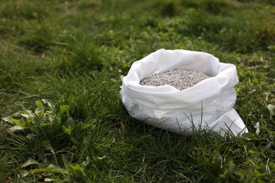 Photo of Fertilizer in bag on green grass outdoors, space for text