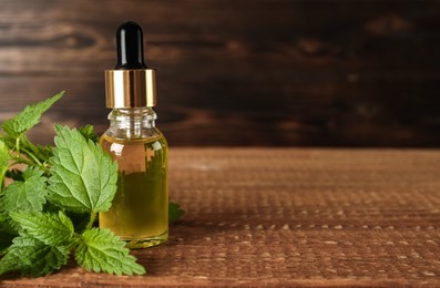 Photo of Glass bottle of nettle oil with dropper and leaves on wooden table. Space for text