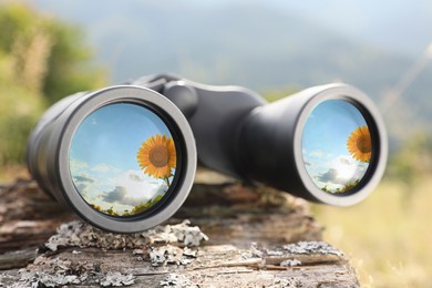 Image of Binoculars on wooden log outdoors, closeup. Sunflower reflecting in lenses