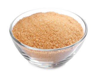Photo of Glass bowl with brown sugar isolated on white