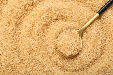 Spoon on granulated brown sugar, top view