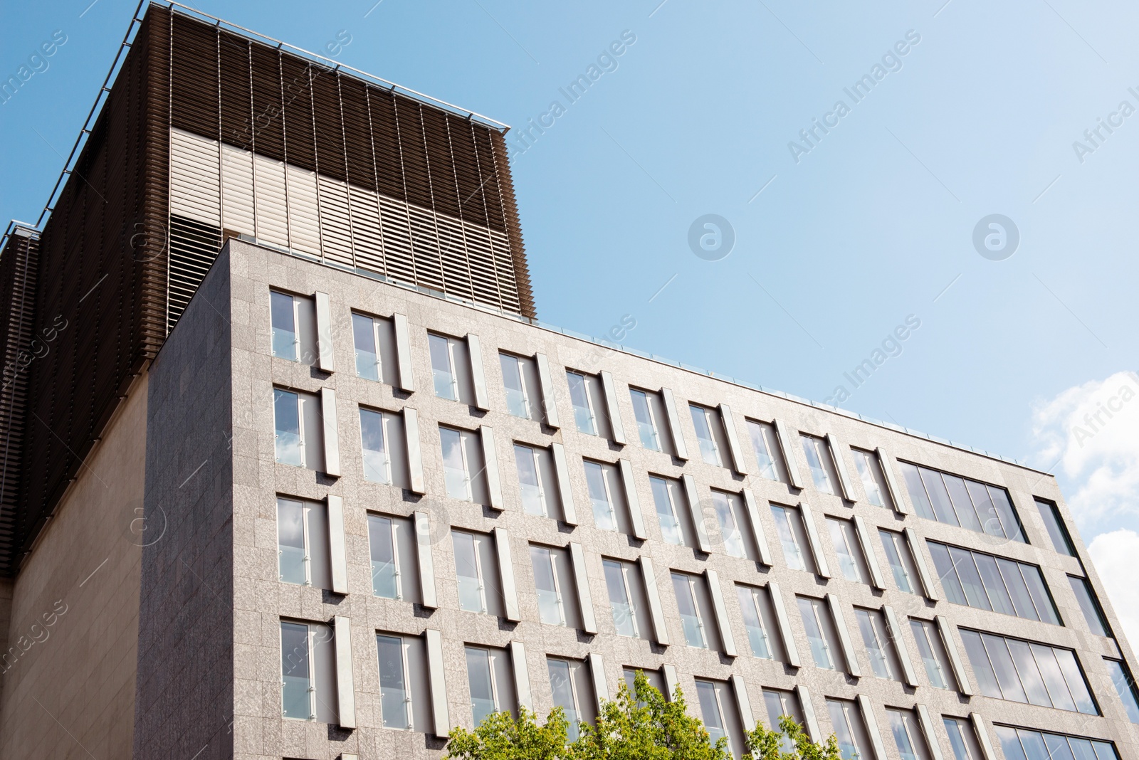 Photo of Modern building with windows on sunny day, low angle view