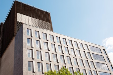 Modern building with windows on sunny day, low angle view