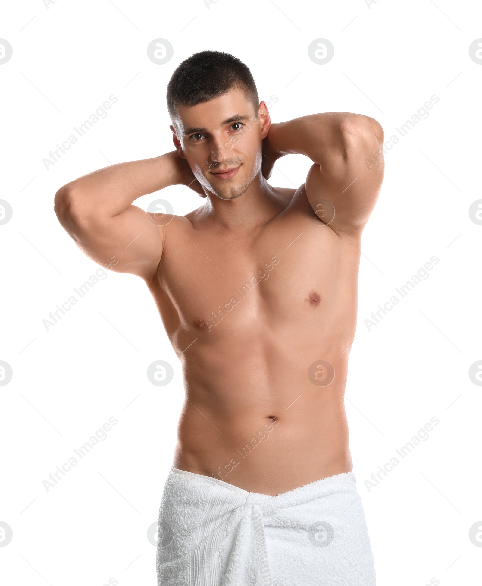 Photo of Young man with slim body on white background