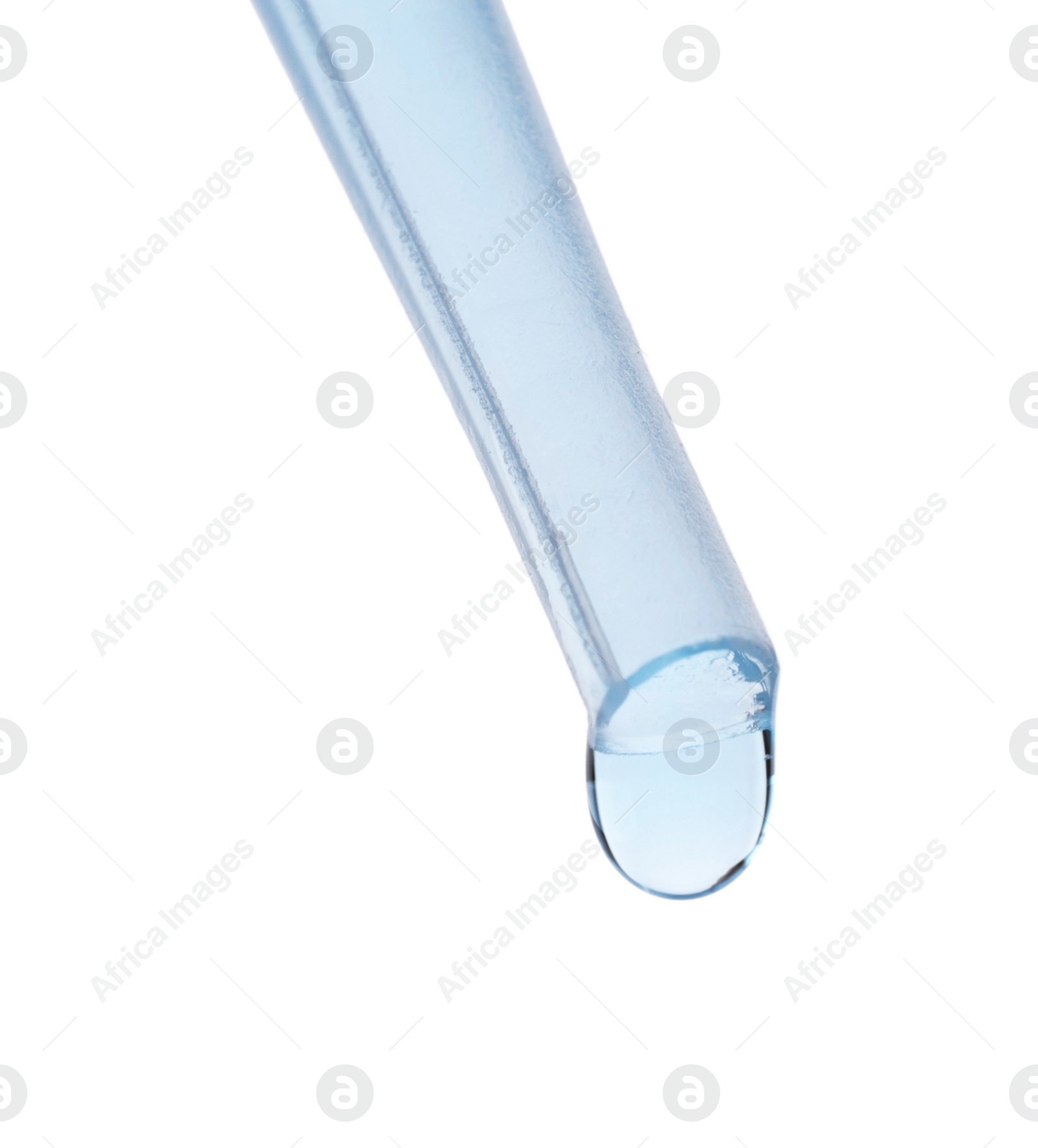 Photo of Dripping liquid from pipette isolated on white, closeup