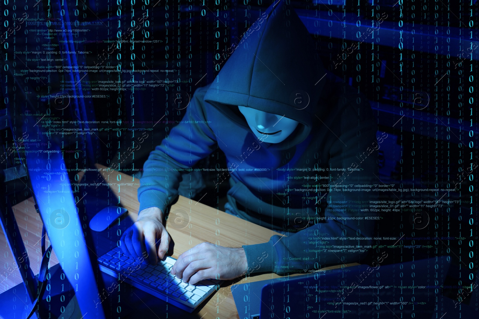 Image of Cyber attack. Anonymous hacker working with computers and breaking system to steal information indoors. Different digital codes around him