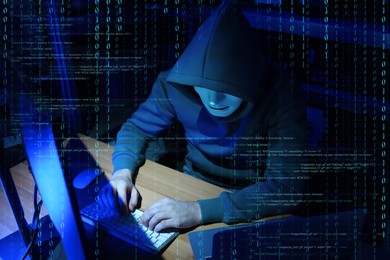 Cyber attack. Anonymous hacker working with computers and breaking system to steal information indoors. Different digital codes around him