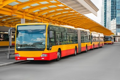 Photo of Modern bus near stop on sunny day. Public transport