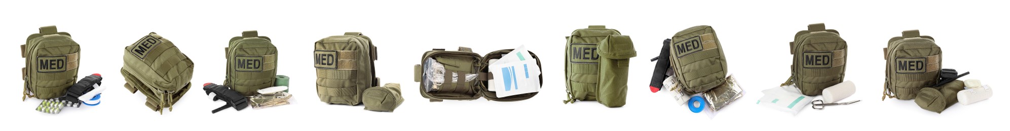 Image of Collage with military first aid kit on white background, banner design