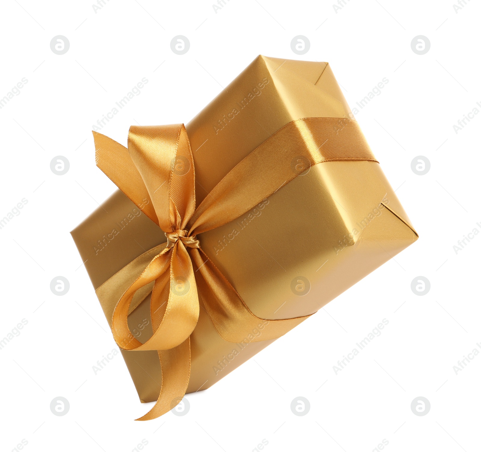 Photo of Gift box with golden ribbon and bow on white background