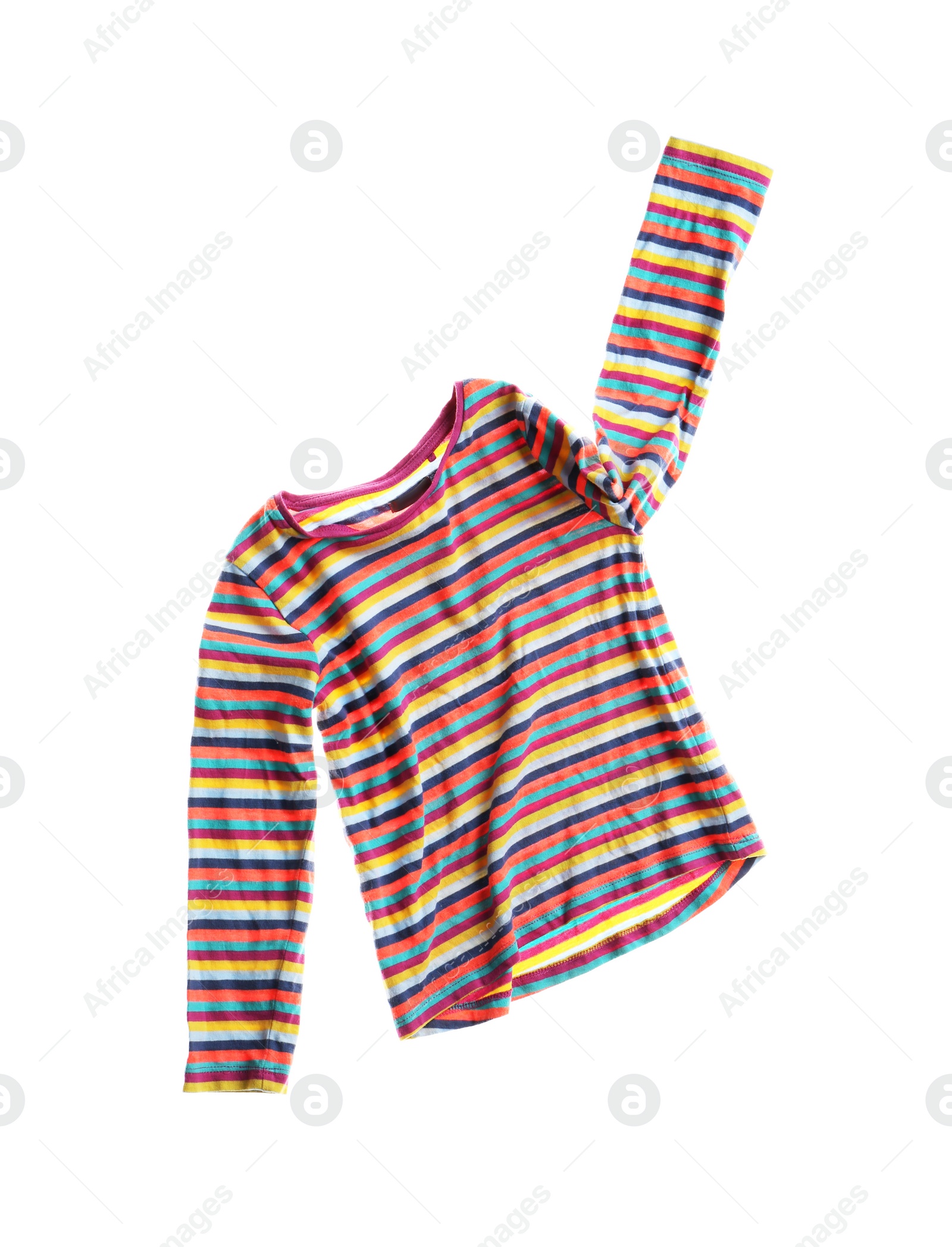 Photo of Rumpled striped shirt isolated on white. Messy clothes