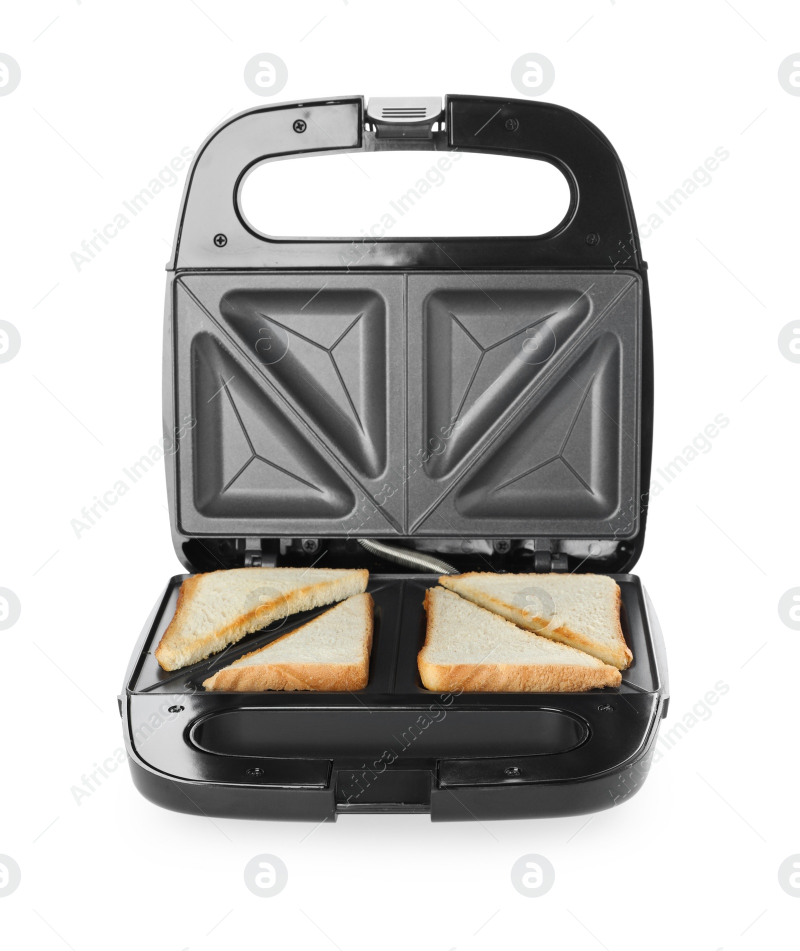 Photo of Modern sandwich maker with bread slices on white background