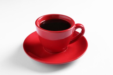 Photo of Red cup with aromatic coffee on white background