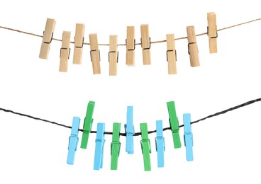 Image of Many wooden clothespins on rope against white background, collage