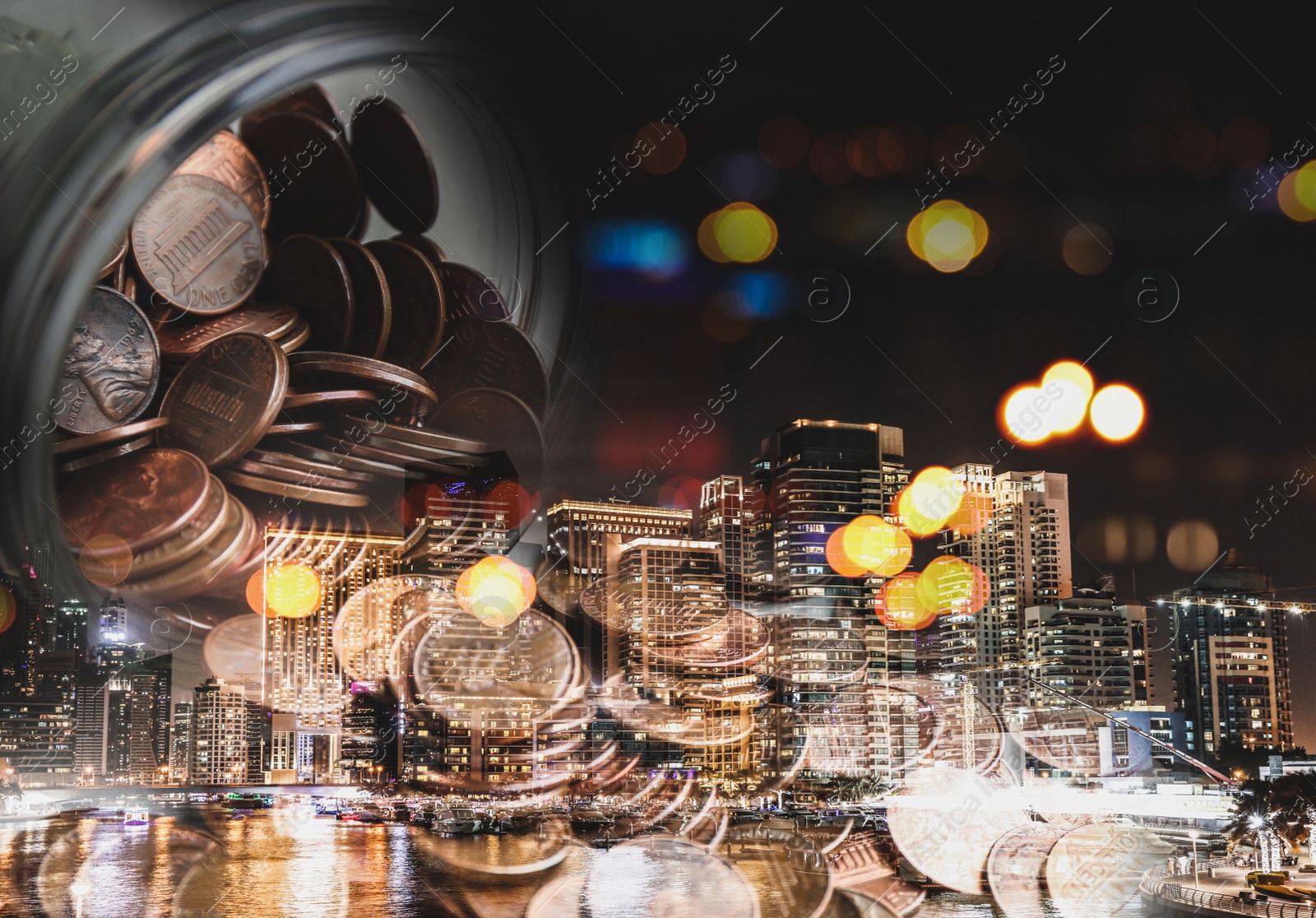 Image of Double exposure of cityscape and US coins. Financial value