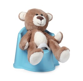 Teddy bear on light blue baby potty isolated on white. Toilet training