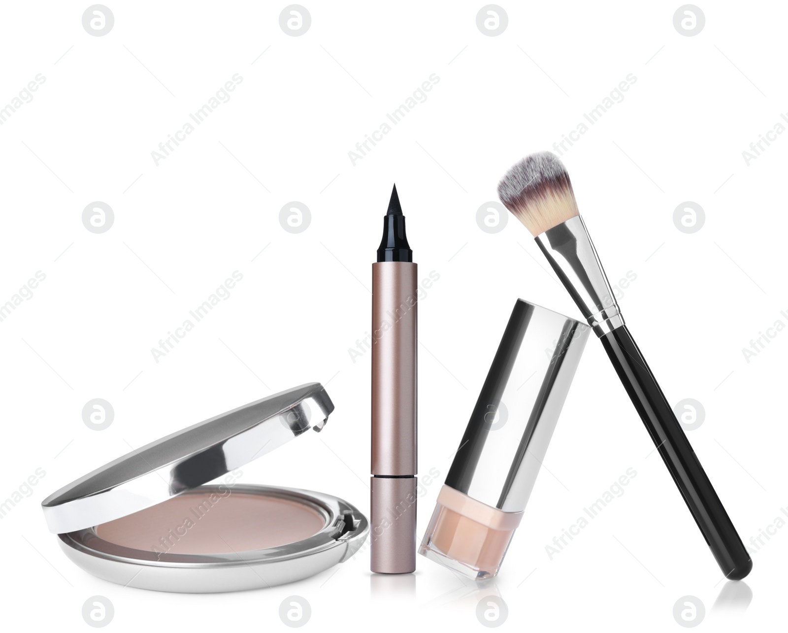 Image of Set with different decorative cosmetics on white background. Luxurious makeup products 