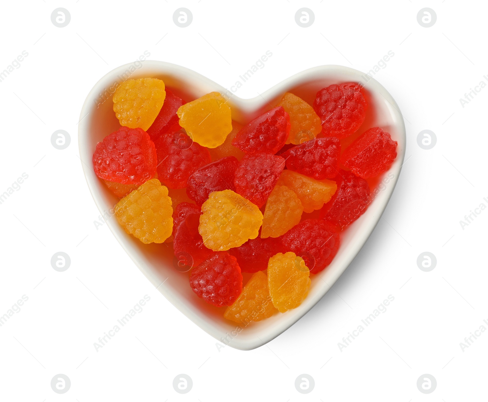 Photo of Delicious gummy raspberry candies on white background, top view