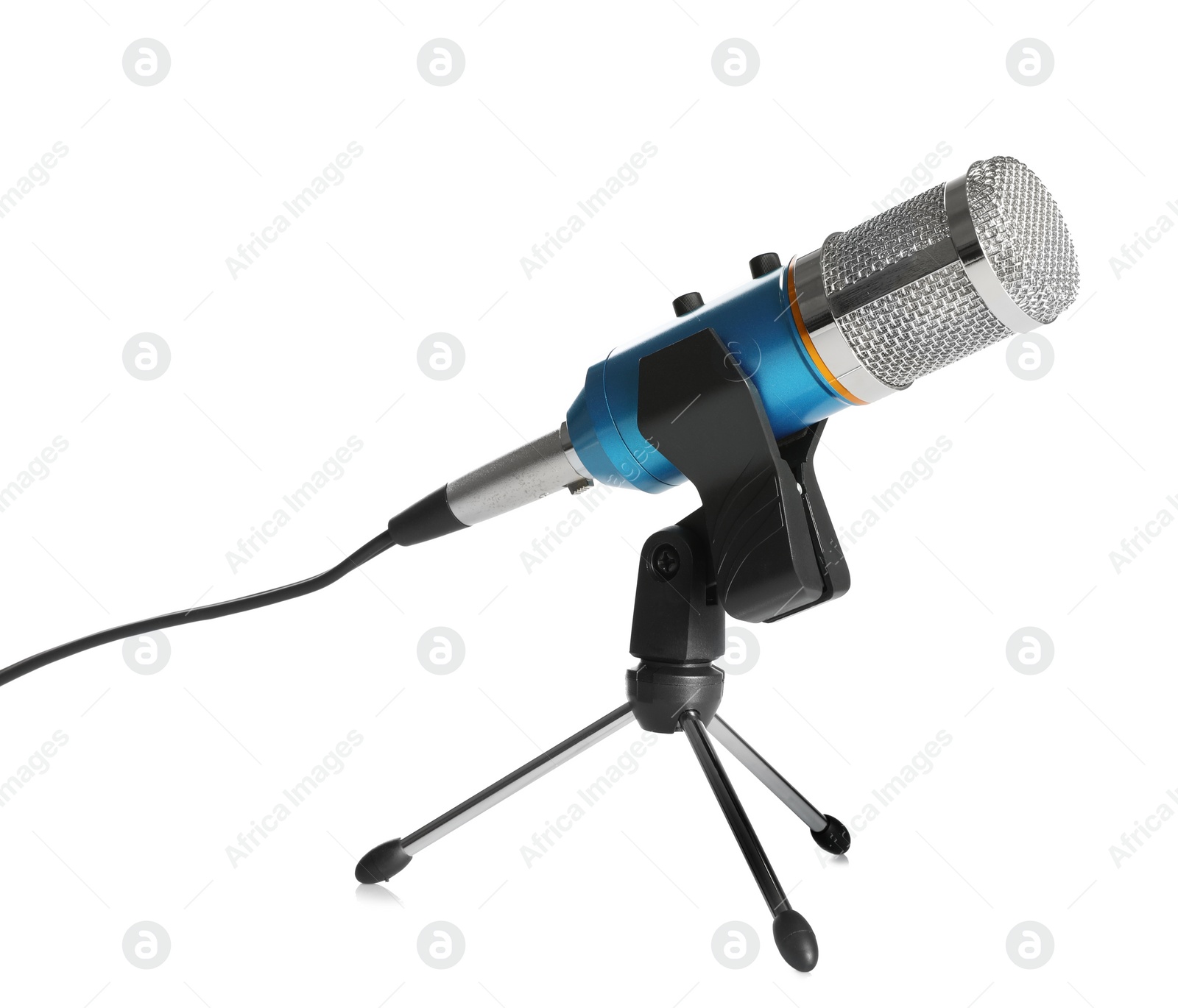 Photo of Modern microphone isolated on white. Journalist's equipment