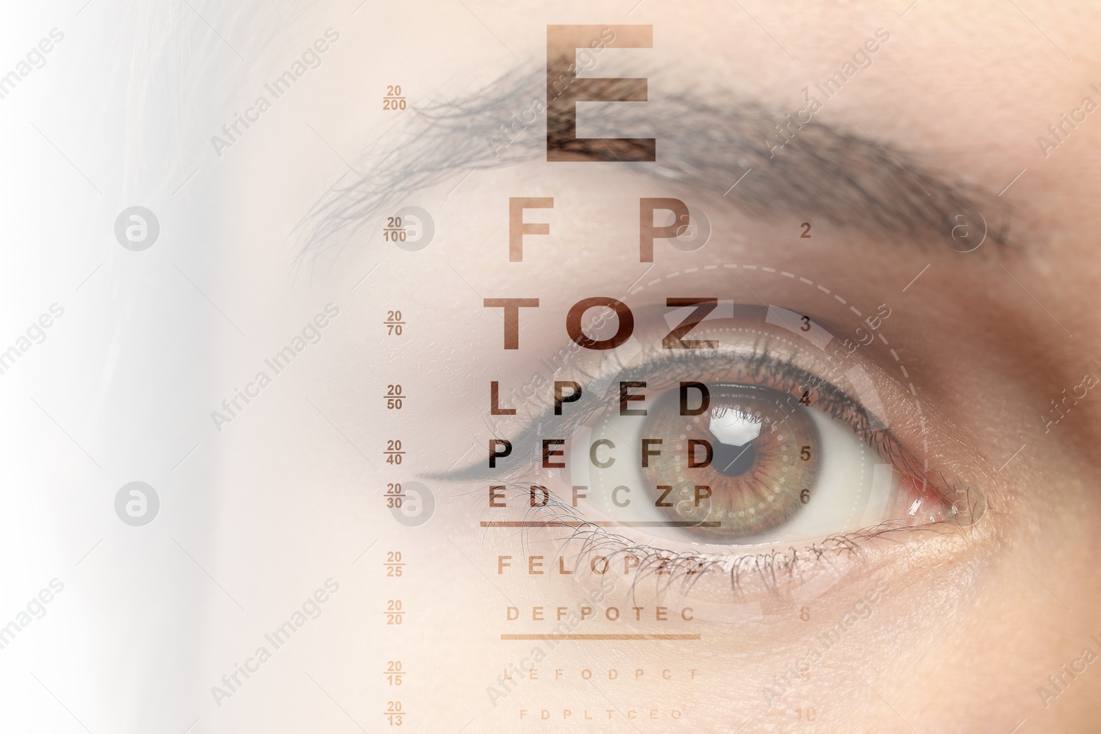 Image of Closeup view of woman and eye chart illustration. Visiting ophthalmologist