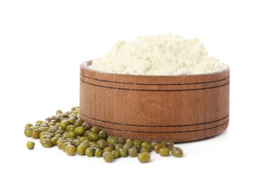 Photo of Mung bean flour in wooden bowl and seeds isolated on white