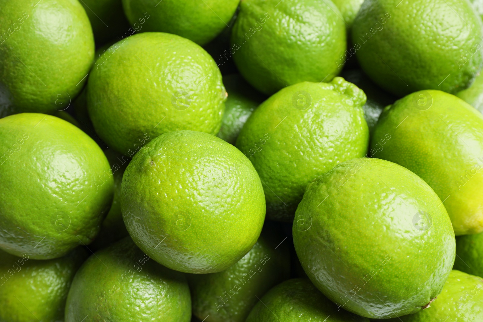 Photo of Fresh ripe green limes as background, top view