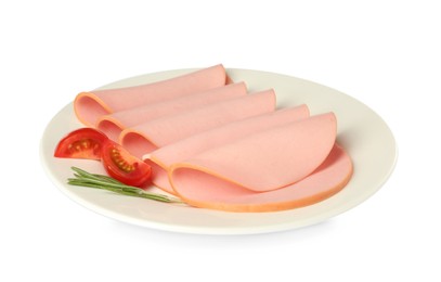 Photo of Slices of delicious boiled sausage with rosemary and tomato on white background