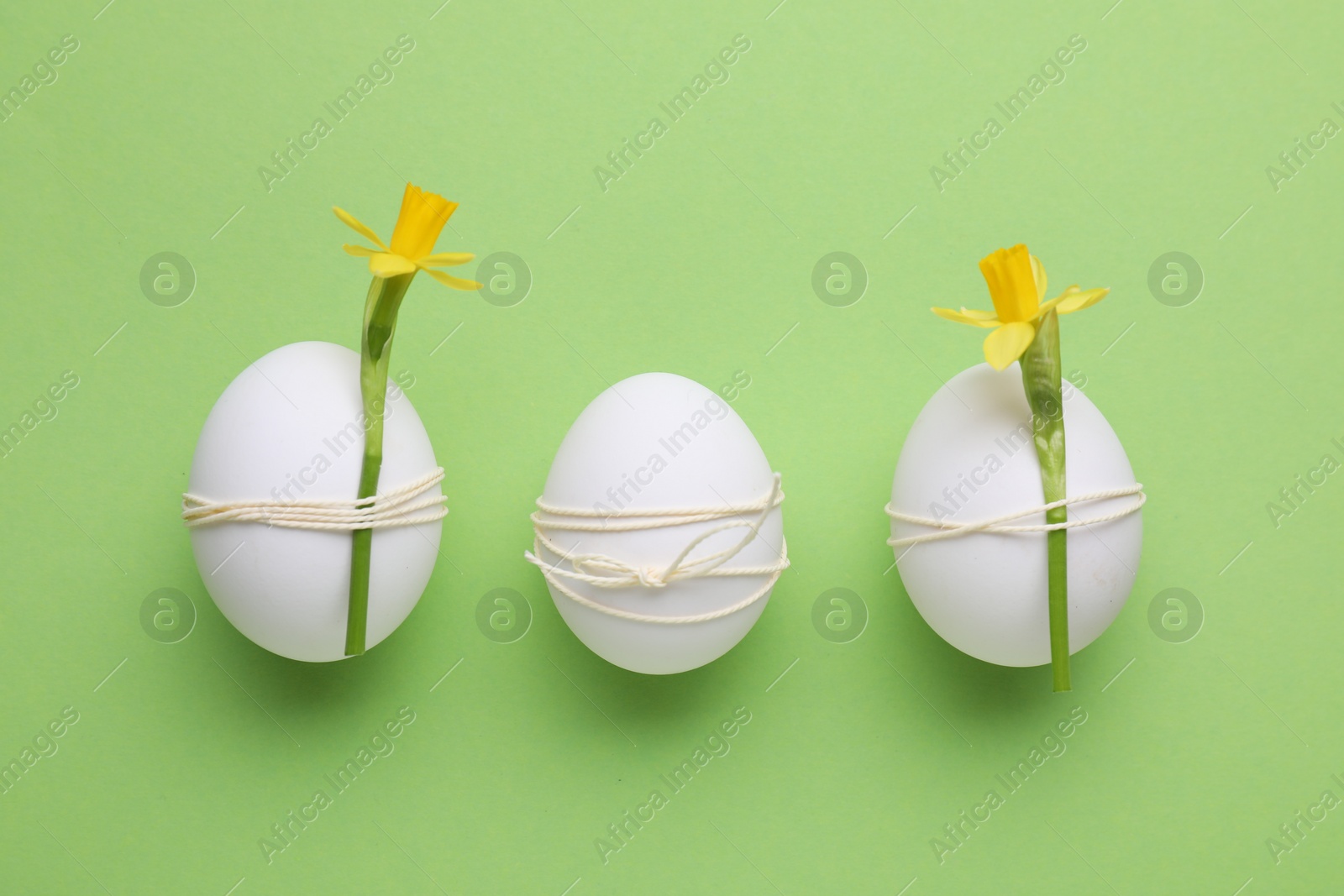 Photo of Festively Easter eggs decorated with flowers on green background, flat lay