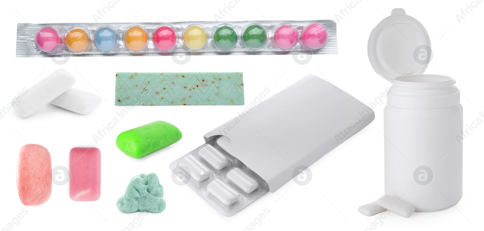 Image of Set of different chewing gums on white background
