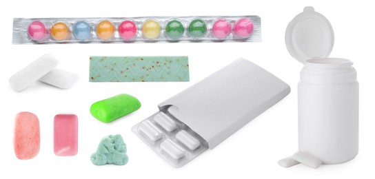 Set of different chewing gums on white background