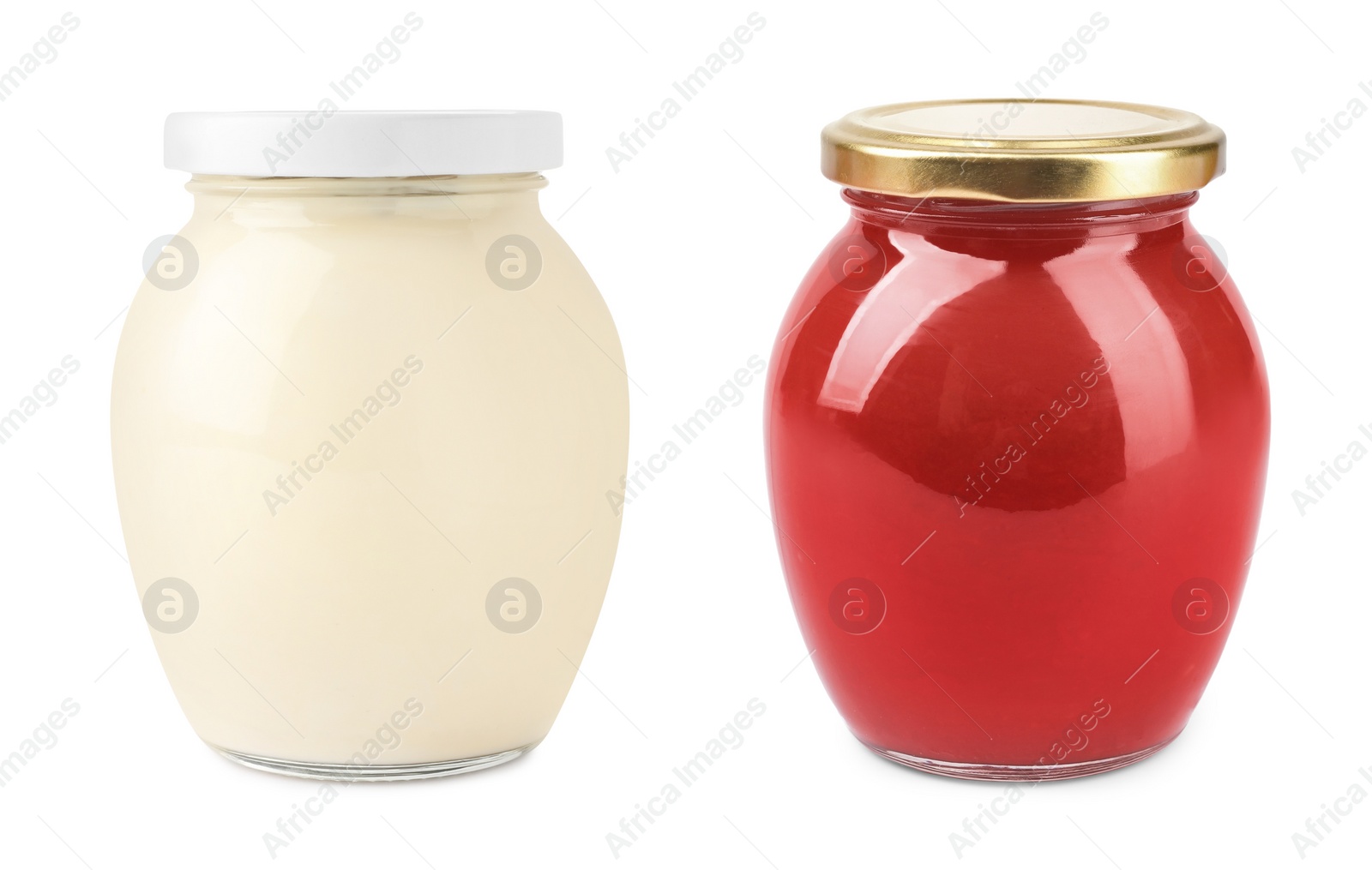 Image of Mayonnaise and tomato sauce in jars isolated on white, collage