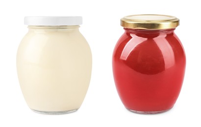 Image of Mayonnaise and tomato sauce in jars isolated on white, collage