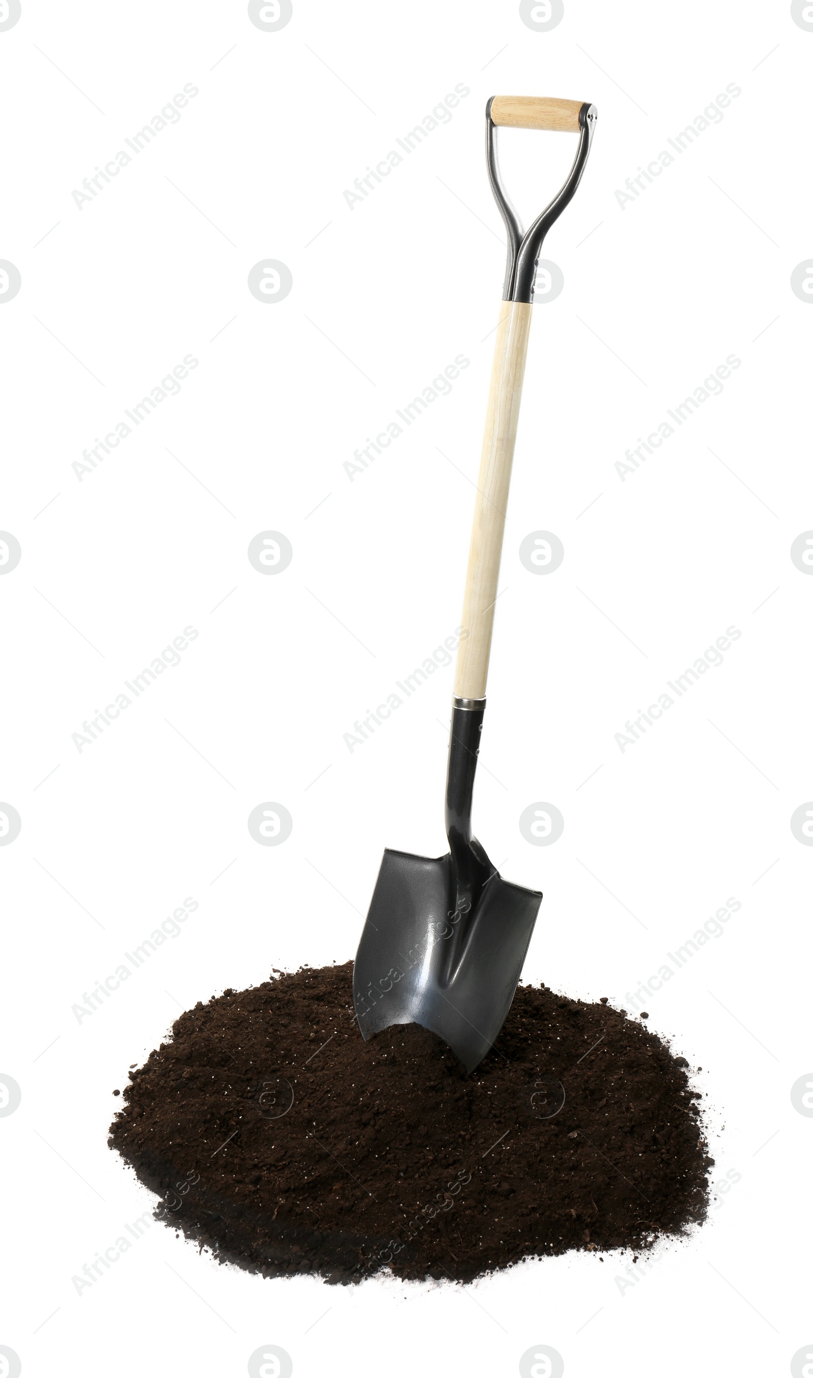 Shovel and pile of soil isolated on white Photo of Shovel and pile of soil isolated on white