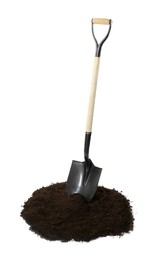 Photo of Shovel and pile of soil isolated on white