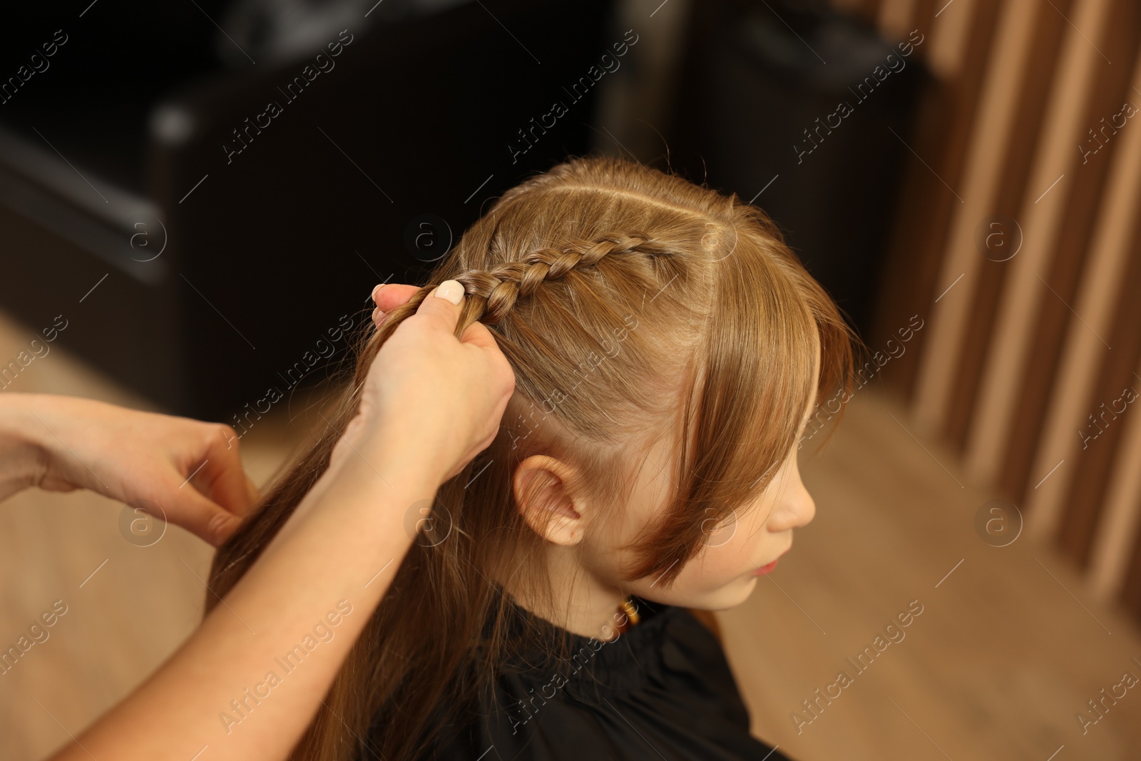 Photo of Professional hairdresser braiding girl's hair in beauty salon, closeup