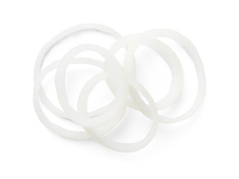 Fresh ripe onion rings on white background, top view