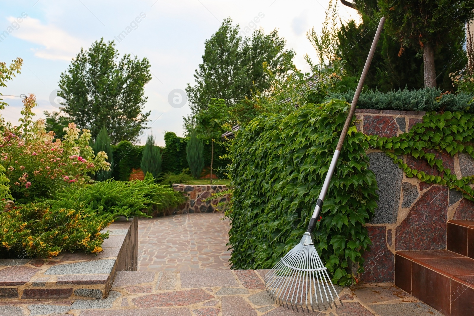 Photo of Beautiful flowerbed and rake on backyard. Home gardening