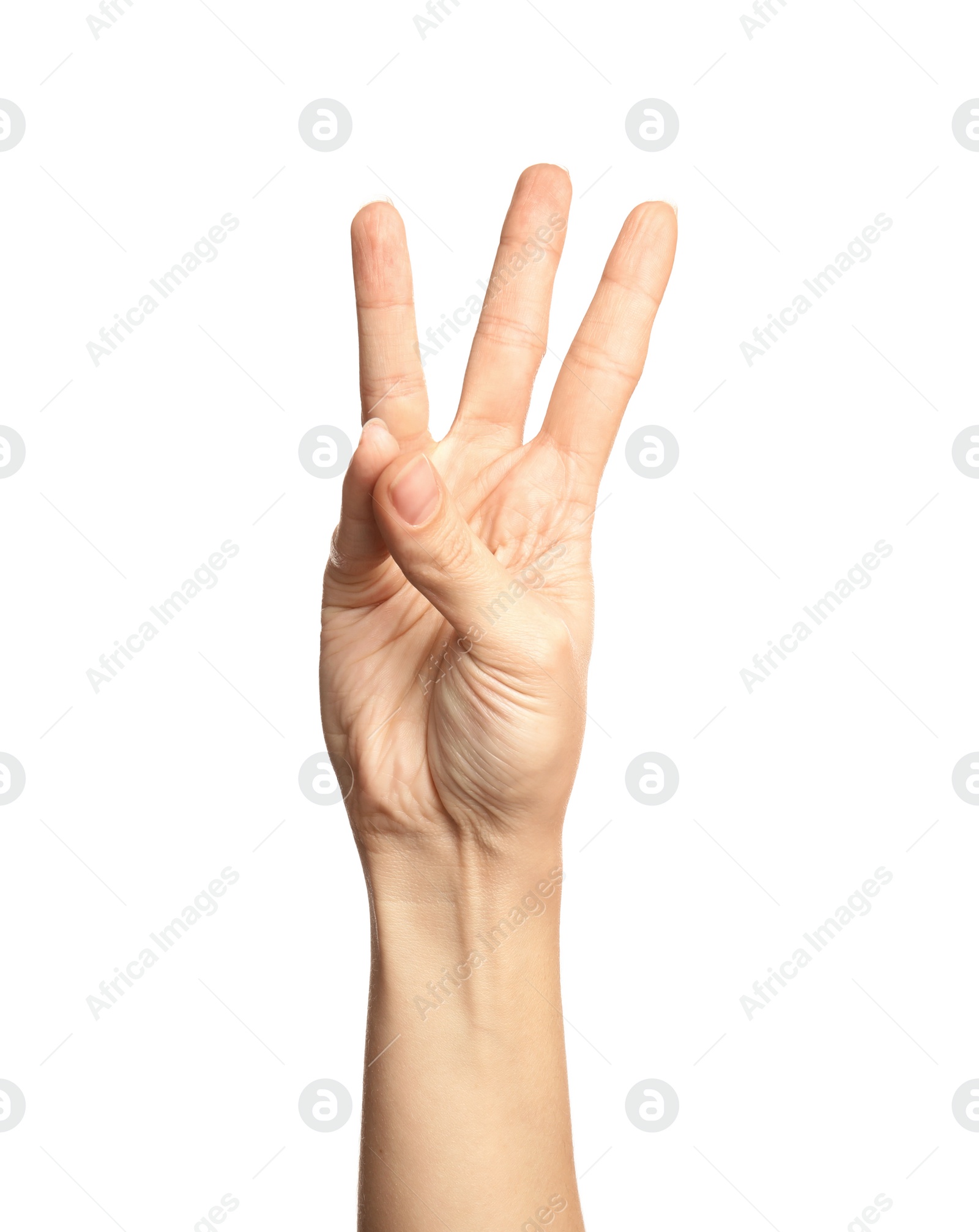 Photo of Woman showing number six on white background, closeup. Sign language
