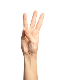 Woman showing number six on white background, closeup. Sign language