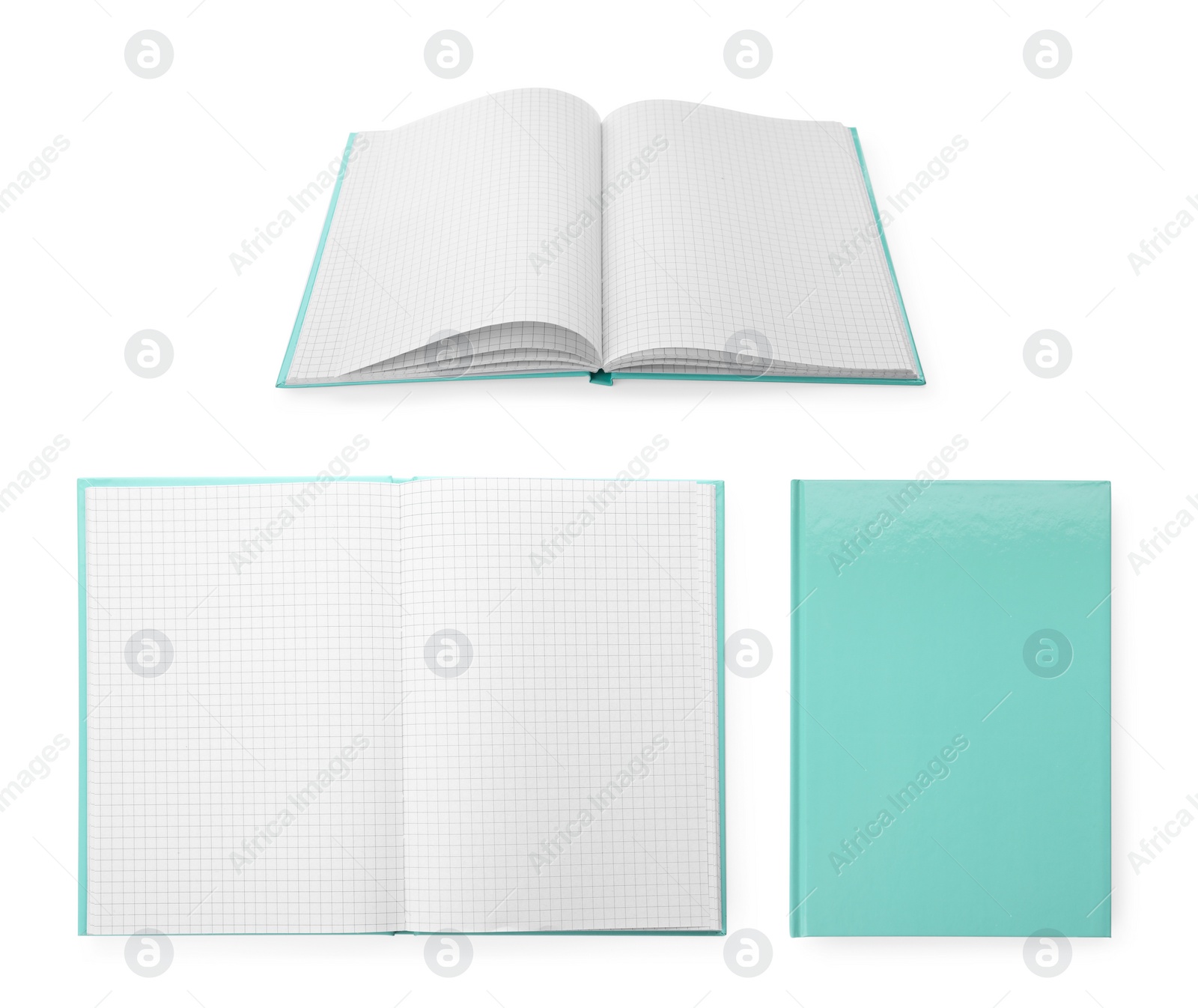 Image of Closed and open planners on white background, collage