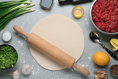 Photo of Flat lay composition with dough and other ingredients for gyoza on light grey table