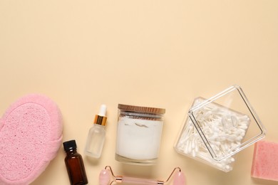 Photo of Bath accessories. Flat lay composition with personal care products on beige background, space for text