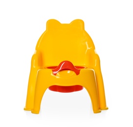 Photo of Yellow plastic potty on white background. Toilet training