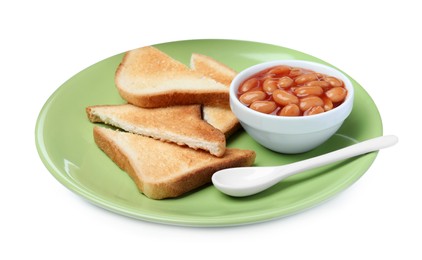 Photo of Toasts and delicious canned beans isolated on white