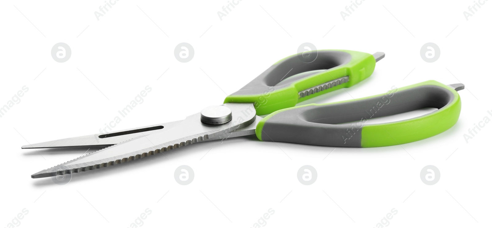 Photo of Pair of sharp scissors on white background