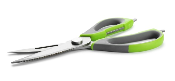 Pair of sharp scissors on white background