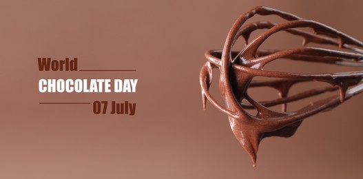 Image of World Chocolate Day - July 7. Whisk with ymmu cream on light brown background, closeup. Banner design