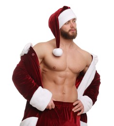 Attractive young man with muscular body in Santa costume on white background