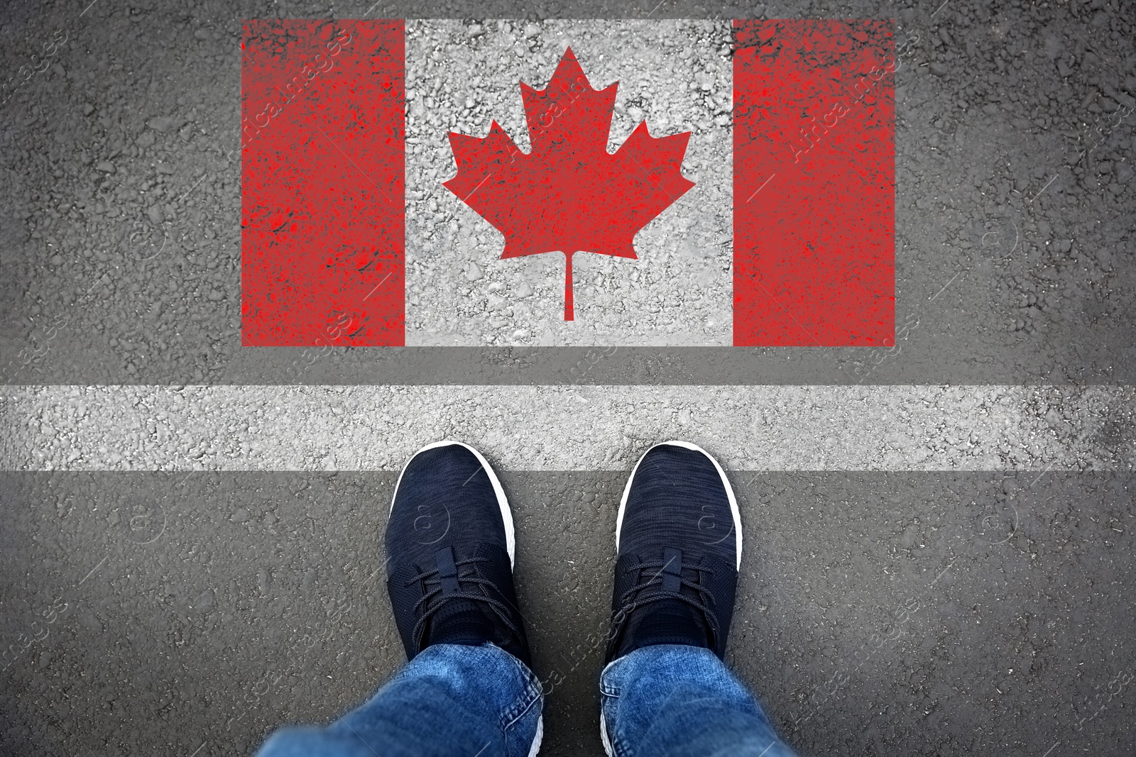 Image of Immigration. Man standing on asphalt near flag of Canada, top view